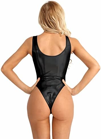 inlzdz Women's PVC Leather Shiny Metallic Monokini Swimwear Wet Look High Cut One Piece Thong Bodysuit Leotard