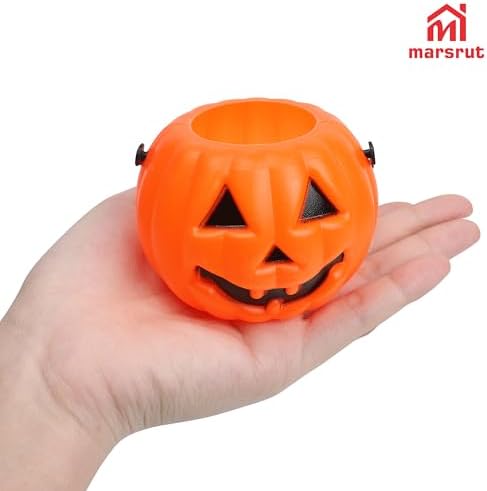 6Pcs Pumpkin Candy Bucket, 2.1"x2.8'', Small Mini Jack O Lantern Pail Plastic Basket w Handle & Devil Smile, Orange Pale Mudpie Ghost Holder for Guest Candy Treat, Birthday Party Favor, Planter Pot