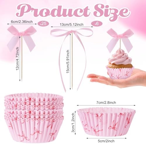 81 Pcs Pink Bow Cupcake Liners Set 50 Pink Bow Cupcake Liners and 31 Bowknot Ribbons Cake Toppers Coquette Birthday Cake Decorations for Bachelorette Bridal Baby Shower Birthday Wedding Party Supplies