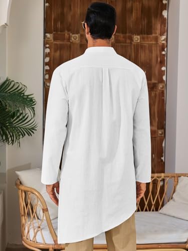 Runcati Mens Kaftan Robe Thobe Cotton Long Sleeve Henley Shirt Casual Muslim Gown Kurta Tops