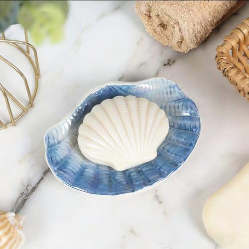 Ceramic Ocean Seashell Soap Dish, for Bathroom,Tub and Kitchen Sink-Blue