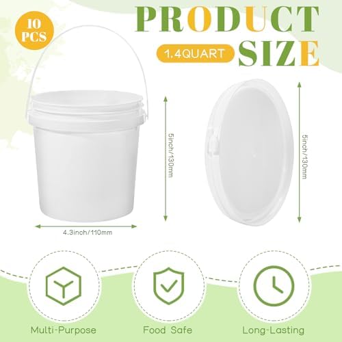10 Pack 1.4 Quarts White Plastic Buckets with Lids and Handles –Compact Portable Containers for Organizing Dry Food, Paint, Camping Gear, Fishing Accessories