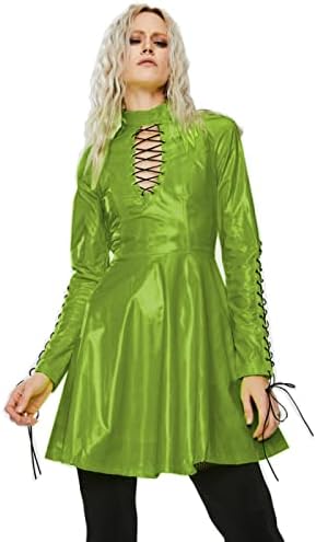 Women PVC Long Sleeve Dress Vinyl Hollow Out A-Line Dress High Waist Above Knee Mini Party Dress,Fruit Green,M