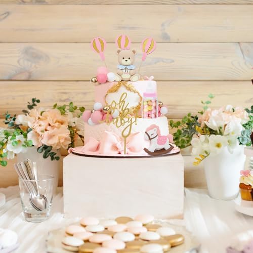 28PCS Bear Cake Toppers - Mini 3D Blue Bear Rocking Horse Milk Bottle White Silver Balls Oh Baby Cake Decorations for Boys Baby Shower Birthday Party (Pink)