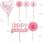 Happy Birthday Pink Cake Topper, Takemay Pink Cupcake Topper with Paper Fans, Confetti Balloon, Christmas Birthday Cake Supplies Decorations (6 pieces)