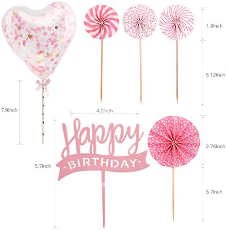 Happy Birthday Pink Cake Topper, Takemay Pink Cupcake Topper with Paper Fans, Confetti Balloon, Christmas Birthday Cake Supplies Decorations (6 pieces)