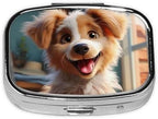 Cute Dog Pill Box 2 Compartment Small Pill Case for Purse & Pocket Decorative Metal Medicine Case Travel Pillbox Square Pill Organizer Vitamin Container Unique Gift