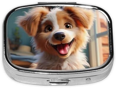 Cute Dog Pill Box 2 Compartment Small Pill Case for Purse & Pocket Decorative Metal Medicine Case Travel Pillbox Square Pill Organizer Vitamin Container Unique Gift