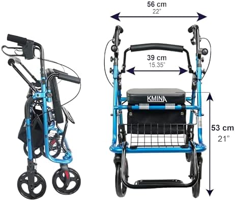 KMINA 2 in 1 Rollator Walker Wheelchair Combo for Smooth Terrain, Foldable Aluminum Rollator with Footrests and Pressure Brakes, Convertible to a Transport Chair, Blue