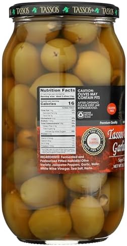 Tassos Double Stuffed Jalapeno-garlic Super Mammoth Greek Olives, 35.27 Oz