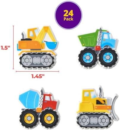 DecoPac Construction Rings, Cupcake Decorations, Construction Vehicle Cupcake Toppers, Mixer Truck, Excavator, Dump Truck & Bulldozer, Food Safe Cake Topper – 24 Pack