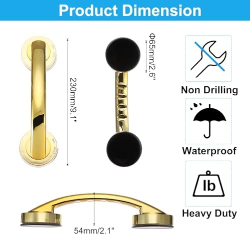 uxcell Grab Bars for Bathtubs and Showers, 9.1" Mirror Glass Door and Window Handles Powerful Shower Suction Cup Anti-Slip Safety Bars for Senior Shower Chairs Gold