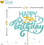 Sky Blue Glitter Happy 75th Birthday Cake Topper, 75th Birthday Party Cake Decor, Gold Number 75