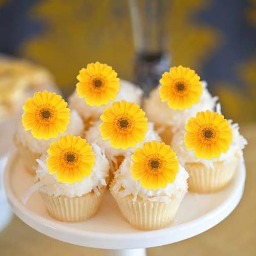 40PCS Edible Daisy Cupcake Toppers Yellow Daisy Flower Cupcake Picks for Spring Flower Baby Shower Girls Birthday Party Drink Toppers Bridal Engagement Wedding Anniversary Party Decorations Supplies