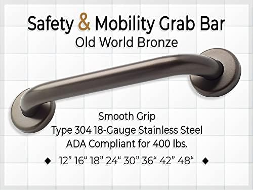 12” Shower Handle Smooth Grip | 304 Stainless Steel Grab Bars for Bathtubs and Showers | Old World Bronze ADA Standard Hand Rails for Seniors, Children, Injured People | Supports Upto 400lbs