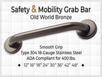 12” Shower Handle Smooth Grip | 304 Stainless Steel Grab Bars for Bathtubs and Showers | Old World Bronze ADA Standard Hand Rails for Seniors, Children, Injured People | Supports Upto 400lbs