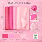 160 Sheets Pink Tissue Paper for Gift Bags, 15GSM Assorted Pink Gift Tissue Paper Bulk for Art Crafts Gifts Wrapping Valentine's Day Baby Shower Wedding Birthday Decorations, 14 x 20 Inch