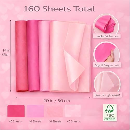 160 Sheets Pink Tissue Paper for Gift Bags, 15GSM Assorted Pink Gift Tissue Paper Bulk for Art Crafts Gifts Wrapping Valentine's Day Baby Shower Wedding Birthday Decorations, 14 x 20 Inch
