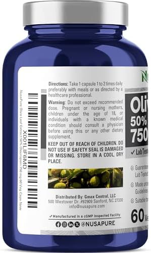 NusaPure Olive Leaf Extract 750 mg - 50% Oleuropein - Vegan and Vegetarian Non-GMO - Super Strength - No Oil - 60 Capsules