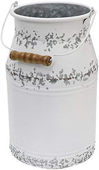 Metal Big Cow Galvanized Milk Can with Wooden Handle, Rustic White Farmhouse Vase Planter, Primitive Decorative Flower Holder for Home Wedding Table Centerpiece Decor Large - 11"