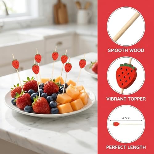 50PCS Strawberry Picks Toothpicks Cute Fruit Sticks and Dipping Skewers for Strawberries Fun Floral Cocktail Picks Plastic Stick Picks for Arrangements Wedding Party and Appetizer Use