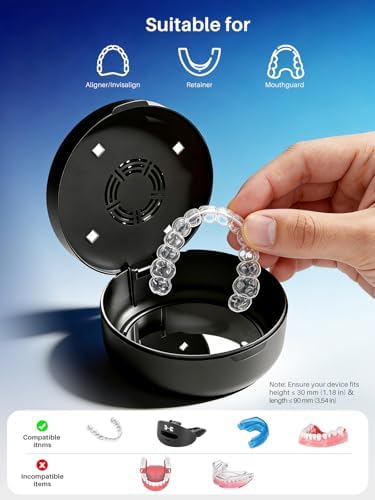 Voraiya UV Retainer Case with Fan, UVC Retainer Cleaner, Aligner Case Includes Vent Holes and Mirror, Portable Retainer Holder Box for Mouth Guard, Aligners, Night Guard, Black