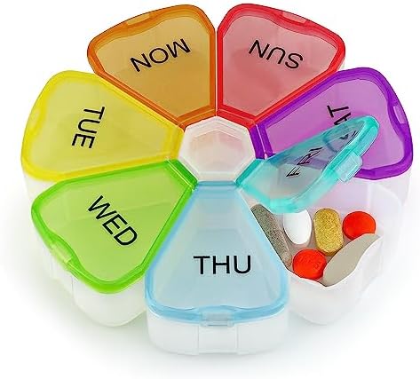 Premium Round Pill Box Organiser - BPA Free - Travel Tablet Boxes - Easy to Open Compartments Unique Spring AssistedOpen Design for Tablets, Vitamins, Medication and Cod Liver Oil (Multicolour)