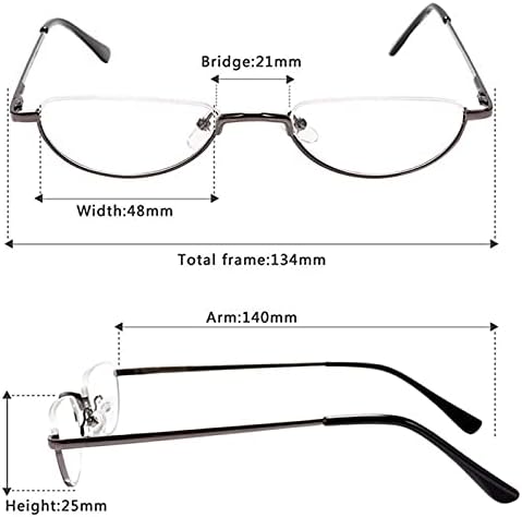 REAVEE 4 Pack Retro Designer Alloy Half Moon Reading Glasses for Women Men Half Frame Spring Hinge Stylish Slim Reader with Pouch, Black, Red, Gold and Blue, 2.5
