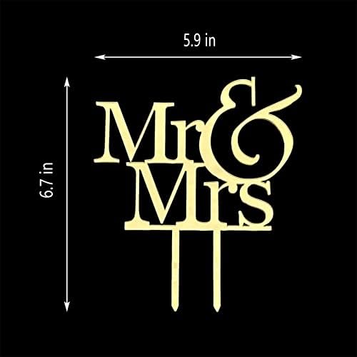 Mr and Mrs Cake Topper, Bride And Groom Sign Wedding Engagement Cake Toppers Decorations (Mirror Gold Acrylic)