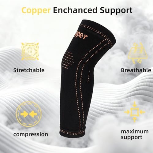 Arm compression Sleeve (1 Pair),Copper Elbow Compression Sleeve,Elbow Brace for Tennis Elbow Tendonitis,Full Arm Sleeve for Men & Women,Sports Support & Recovery (Black, Medium)