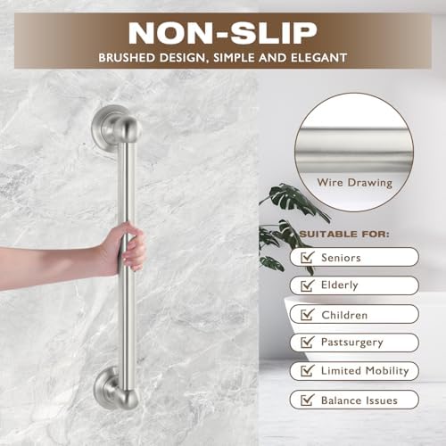 Anti Slip Shower Grab Bar, Safety Bathroom Assist Handle, ADA Compliant Handrail, Heavy Duty Handicap Grab Bars for Elderly, Injured, Senior, Children (Brushed Nickel, 12 Inches)