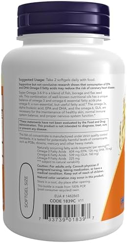 NOW Supplements, Super Omega 3-6-9 1200 mg with a blend of Fish, Borage and Flax Seed Oils, 90 Softgels