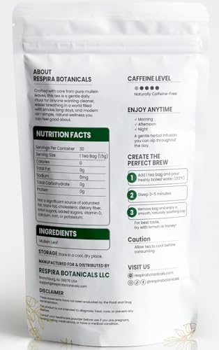 Respira Botanicals - Mullein Leaf Tea Bags for Lungs Cleanse and Respiratory Support, Plastic-Free, Plant-Based Tea Bags, Caffeine-Free, No Additives & Non-GMO, 30 Tea Bags