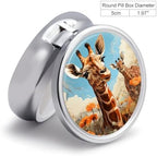 Small Travel Pill Case, Round Metal Pill Box for Pocket Purse, 3 Compartment Portable Pill Holder, Mini Pill Organizer for Travel or Daily - Giraffe