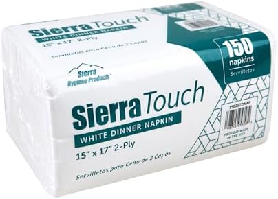 Sierra Touch Bright White 2-Ply Dinner Napkins, 15" x 17", 20 Packs of 150 Napkins, Case of 3,000