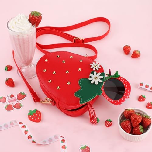 Halfchet 3 Pcs Strawberry Purse for Girls Strawberry Accessories Set Included Fruit Shaped with Rivets Sunglasses Hair Clip Birthday Gifts for Women Stuffs Fruit Accessories(Red)