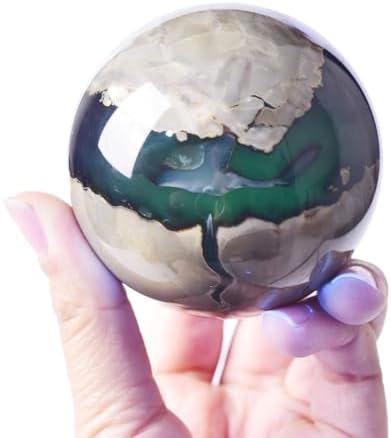 JIC Gem Volcanic Agate Crystal Sphere Large Quartz Crystal Ball with Stand Healing Ornament Witchcraft Meditation Decor 2.3-2.7 inch(60-70mm)
