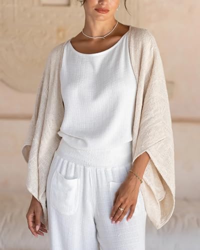 Women's Cotton Linen Shrug Kimono Sleeve Open Front Casual Loose Cover Ups Lightweight Cardigan