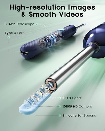 LEIPUT Ear Wax Removal - Earwax Remover Tool with 8 Pcs Ear Set - Ear Canal Cleaner with 1080P Camera - Ear Cleaning Kit with 6 Ear Spoon - Ear Camera for iOS & Android (Navy Blue)