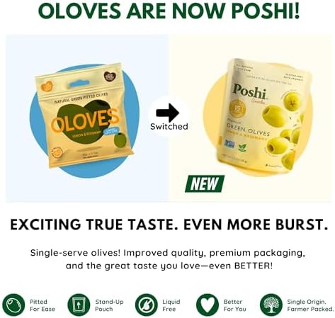 POSHI Green Pitted Olives - Lemon & Rosemary | Vegan, Kosher, Gluten Free + Keto Friendly, Fresh, All Natural Low Calorie Healthy Snacks | (30 Pack, 1.1oz Bags)