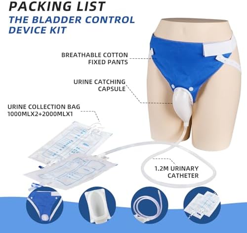Wearable Urine Collector for Elderly Men with Reusable Silicone Pouch, Breathable Fixing Pants, Urinary Bag Set with 2000ml and 1000ml Bags and 1.2m Drain Tube, Elderly Men Black