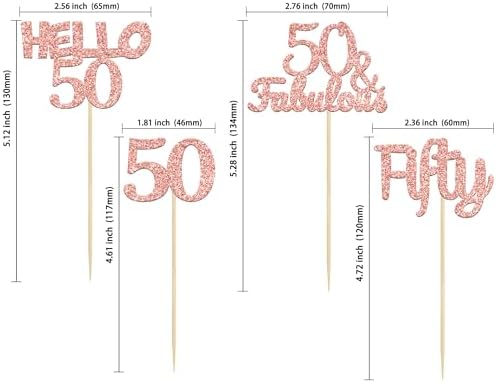 Gyufise 24Pcs Rose Gold Glitter 50th Birthday Cupcake Toppers 50 & fabulous Cake Decorations Hello 50 Fifty Cupcake Picks 50th Birthday Cake Decorations Supplies