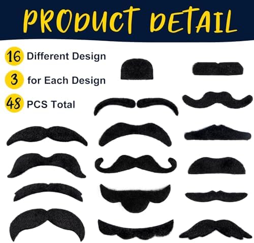48 Pcs Fake Mustaches, Self Adhesive Fake Beard, Novelty Hairy Beard, Costume Facial Hair for Halloween Party