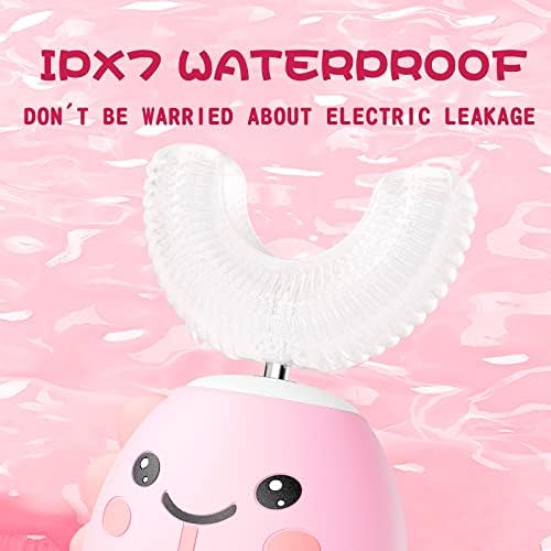 Kids U Shaped Electric Toothbrush with 4 Brush Heads, Sonic Toothbrush Kids with 5 Modes, Cartoon Dinosaur 360-Degree Cleaning IPX7 Waterproof Design (6-12 Age (Pink))