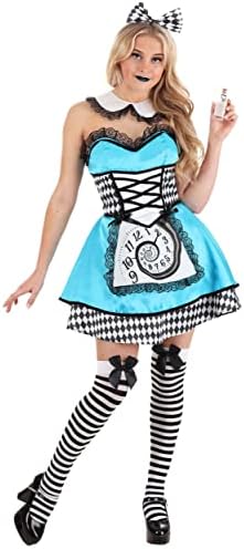Women's Sexy Dark Alice Costume Dress with Apron, Collar, Headband and Stockings - Gothic Wonderland Style