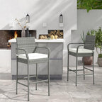 COSTWAY Wicker Bar Stools Set of 2, Patio Bar Height Chairs with Cushions, Armrests and Footrests, Outdoor Rattan Barstools for Backyard, Deck, Pool, 400 lbs Max Load (2, Mix Grey)