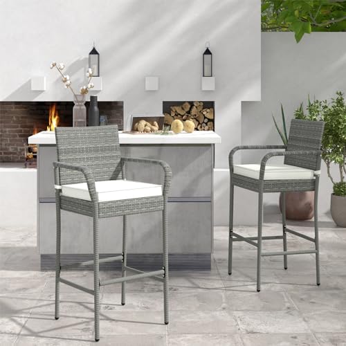 COSTWAY Wicker Bar Stools Set of 2, Patio Bar Height Chairs with Cushions, Armrests and Footrests, Outdoor Rattan Barstools for Backyard, Deck, Pool, 400 lbs Max Load (2, Mix Grey)