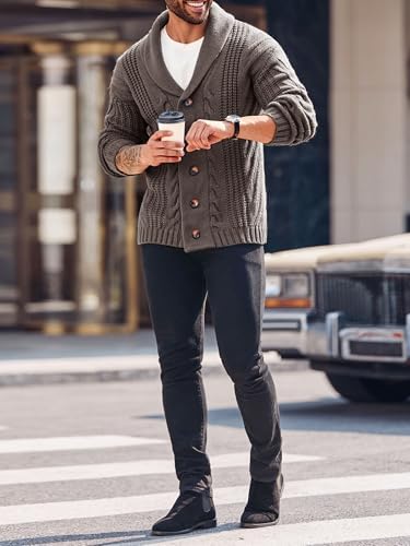 Mens Cable Knit Cardigan Sweater Shawl Collar Loose Fit Long Sleeve Casual Cardigans