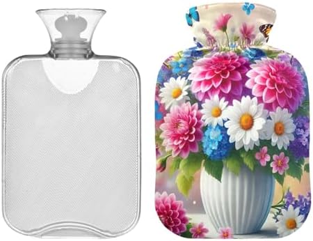 Butterfly Flowers Bouquet Hot Water Bottle with Soft Velvet Cover Warm Water Heat Bottles for Menstrual Cramps Pain Relief, 1L