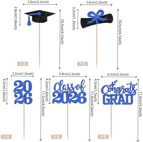 40 PCS 2026 Graduation Theme Cupcake Toppers Glitter Class of 2026 Graduation Cap Cupcake Picks Diploma 2026 Congrats Grad Cake Decorations for 2026 Graduation Theme Party Decor Supplies Dark Blue